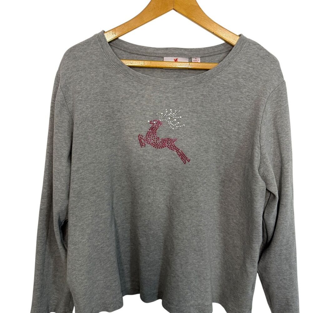 Quacker Factory Heather Grey w/ Rhinestone Reindeer Long Sleeve T-Shirt Size XL